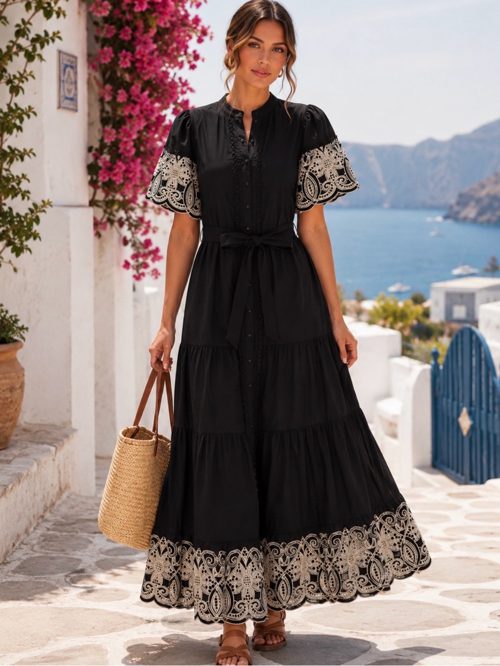 Love By Design Southampton Maxi Shirtdress Black Embroidered Lace Size S Boho